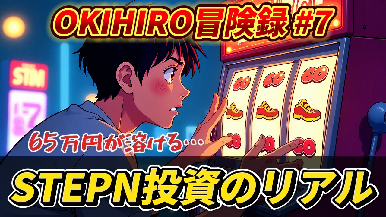 アニメ風の男性が「STEPN投資のリアル」と書かれたスロットマシンを見つめる。「OKIHIRO冒険録 #7」で「65万円が溶ける…」という文字も。STEPN, 投資, OKIHIRO, 仮想通貨, Move to Earn