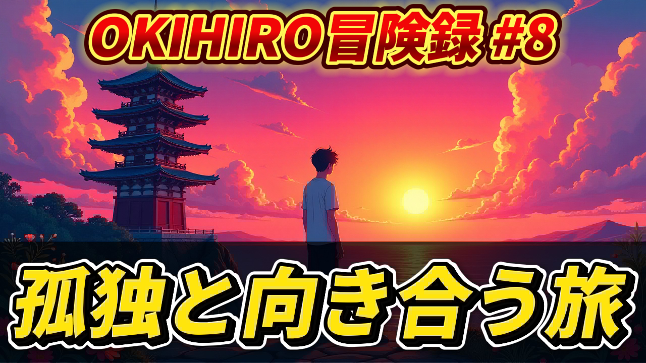 夕焼けの海辺に佇む男性と塔のアニメ風イラスト。「OKIHIRO冒険録 #8 孤独と向き合う旅」の文字。OKIHIRO氏のハノイ一人旅の記録。OKIHIRO冒険録, 孤独と向き合う旅, ハノイ, 一人旅, 夕焼け