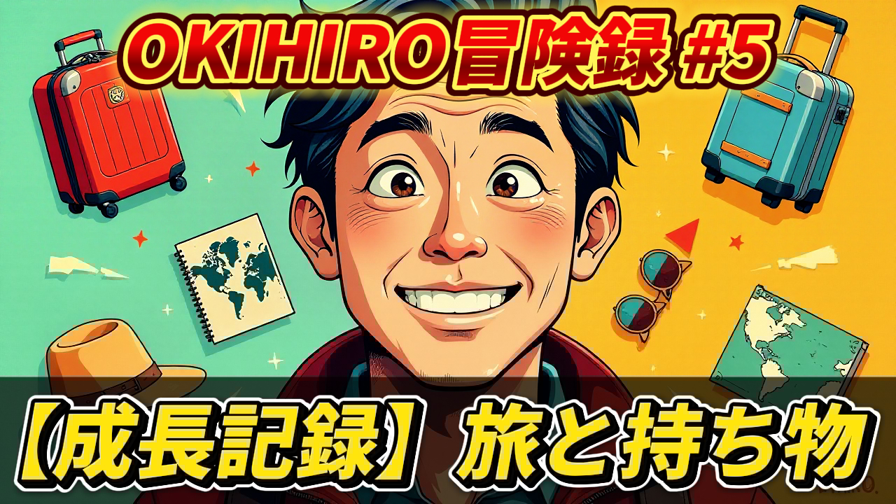 OKIHIRO氏の顔イラストを中心に、スーツケースや地図などの旅行アイテムが描かれた「OKIHIRO冒険録 #5」のサムネイル画像。「【成長記録】旅と持ち物」の文字入りで、東南アジアでの長期旅行におけるパッキングや持ち物に関する内容を示唆。OKIHIRO, 長期旅行, パッキング, 持ち物, 東南アジア