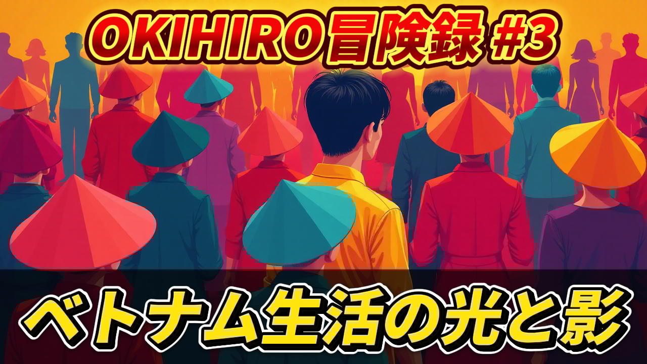 「OKIHIRO冒険録 #3 ベトナム生活の光と影」の文字と、ノンラーを被った群衆の中に立つ黄色いシャツの男性の後ろ姿のイラスト。OKIHIRO氏のベトナムでのリモートワークと海外生活の体験談を示す画像。OKIHIRO, ベトナム, リモートワーク, 海外生活, 旅行