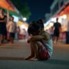 ラオスのナイトマーケットで一人うずくまる少女。観光地の華やかさの裏にある貧困と児童労働問題の現実を写し、なぜ支援が必要なのかを問いかけます。