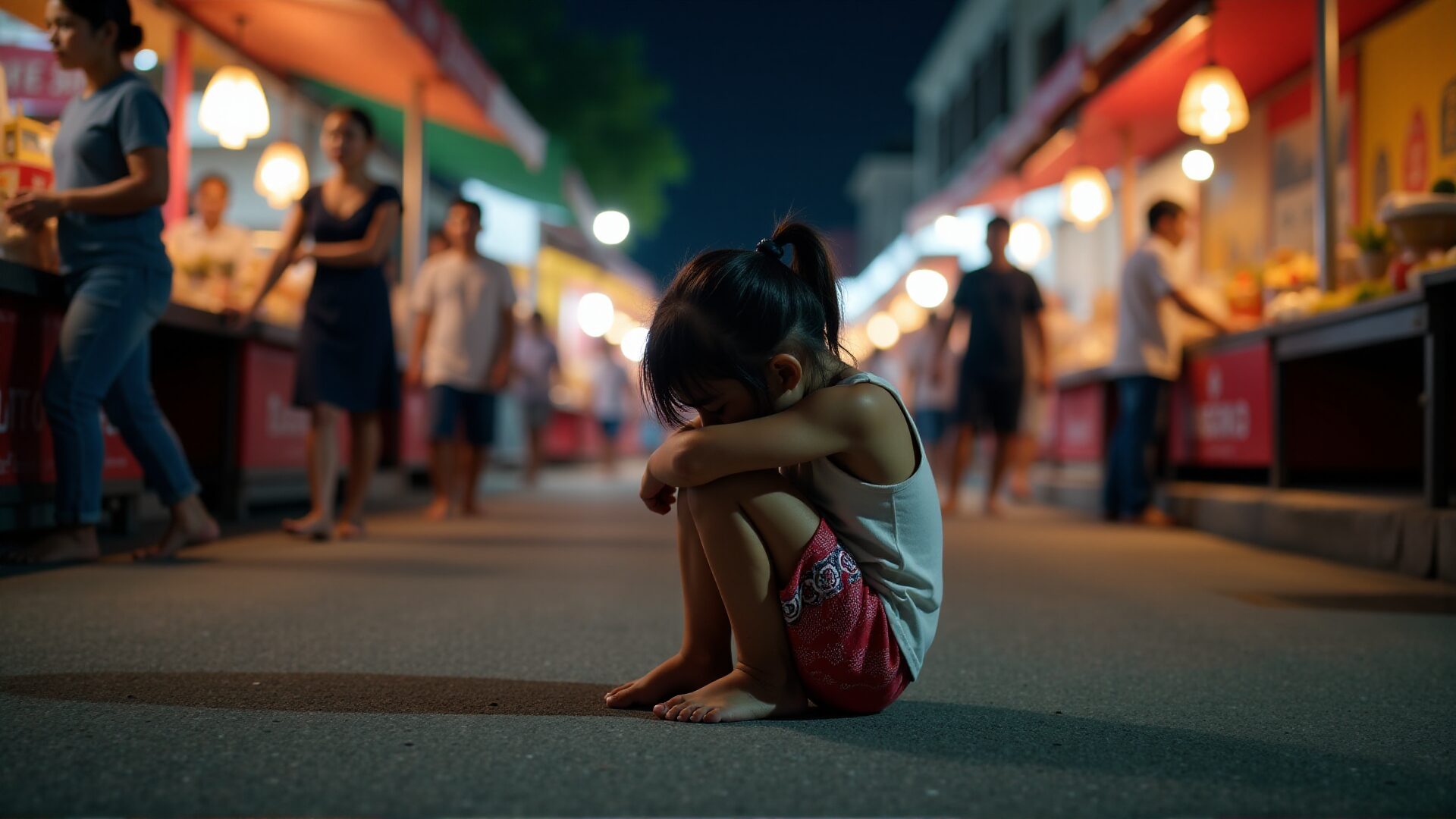 ラオスのナイトマーケットで一人うずくまる少女。観光地の華やかさの裏にある貧困と児童労働問題の現実を写し、なぜ支援が必要なのかを問いかけます。