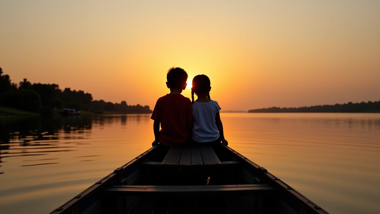 夕日を眺めるラオスの二人の子ども。この記事は、貧困問題に苦しむ子どもたちの未来をどう支援できるか、その解決策を提示します。