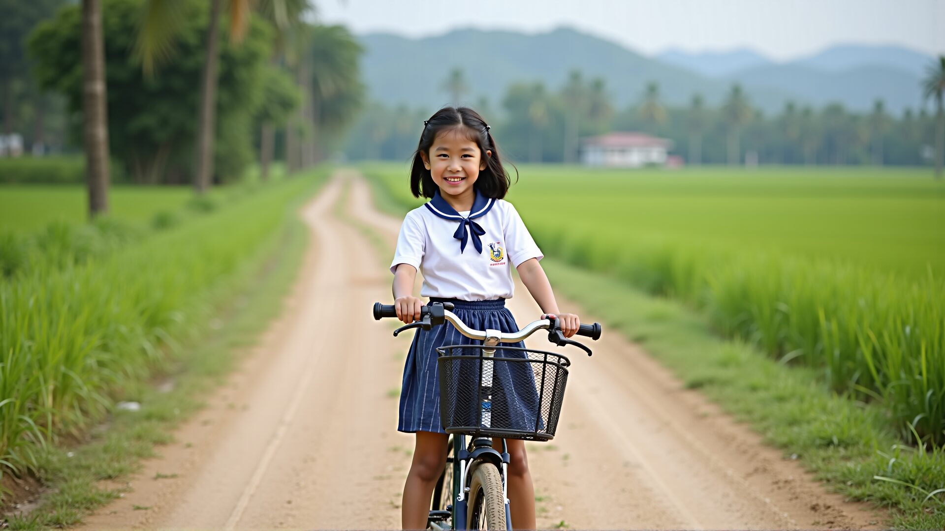 支援によって贈られた自転車と、学校へ向かうラオスの学生。1万円の寄付で通学の足を提供できる。
