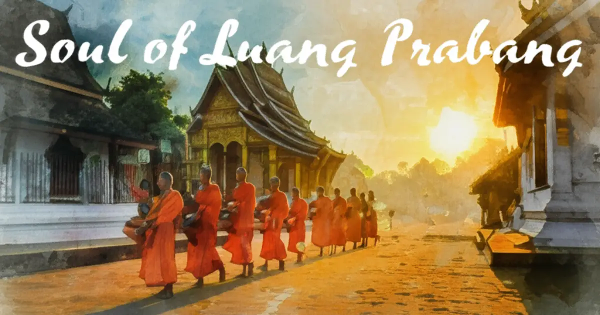 朝の光の中、ルアンパバーンの寺院の前を歩く僧侶たちの托鉢の様子。「Soul of Luang Prabang」の文字入り。この神聖な儀式は街の魂を象徴する観光の目玉であり、見学にはルールと敬意が求められます。
