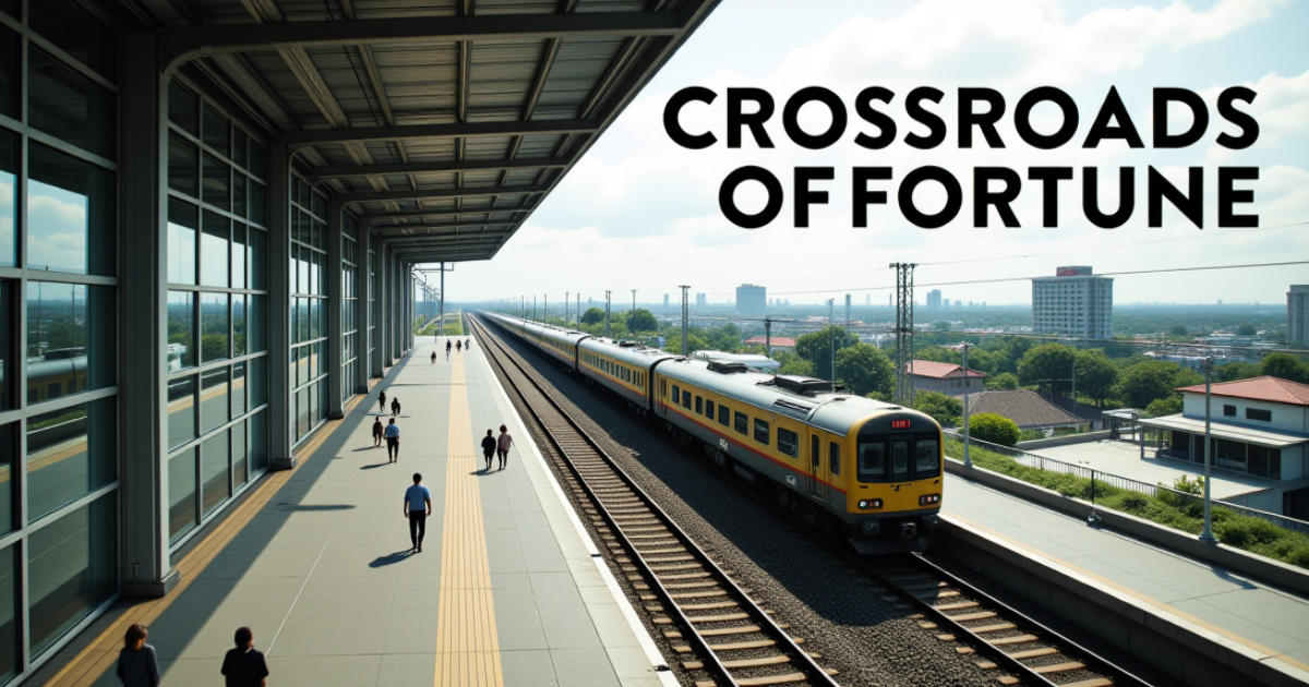 近代的な駅のホームを走る黄色い列車。これはラオス経済の発展を担う中国ラオス鉄道であり、繁栄か依存かの「運命の岐路」を象徴している。