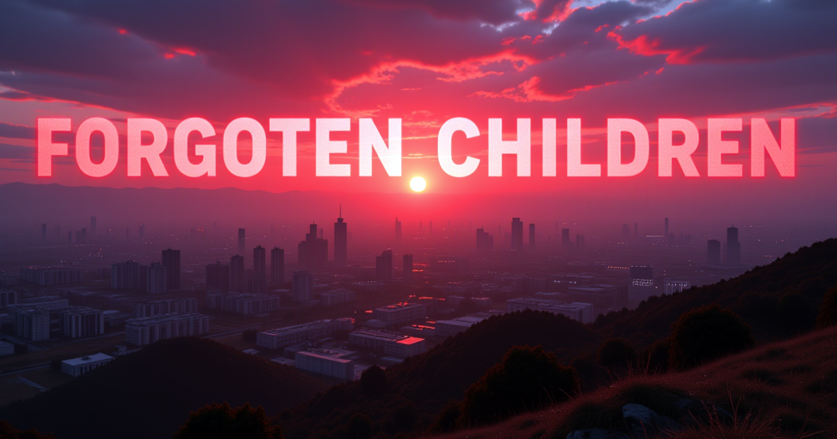 赤い夕焼けの都市風景に「FORGOTTEN CHILDREN」の文字が浮かぶ画像。ラオスで深刻化する児童搾取の実態と、日本人加害者も関わる「忘れられた子供たち」の問題を象徴している。