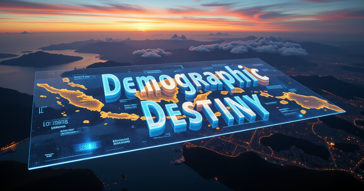 東南アジアの夜景上空に「Demographic DESTINY」と表示された未来的な画面。人口動態がASEAN各国の経済成長の見通しという宿命を決定づける様子を象徴している。