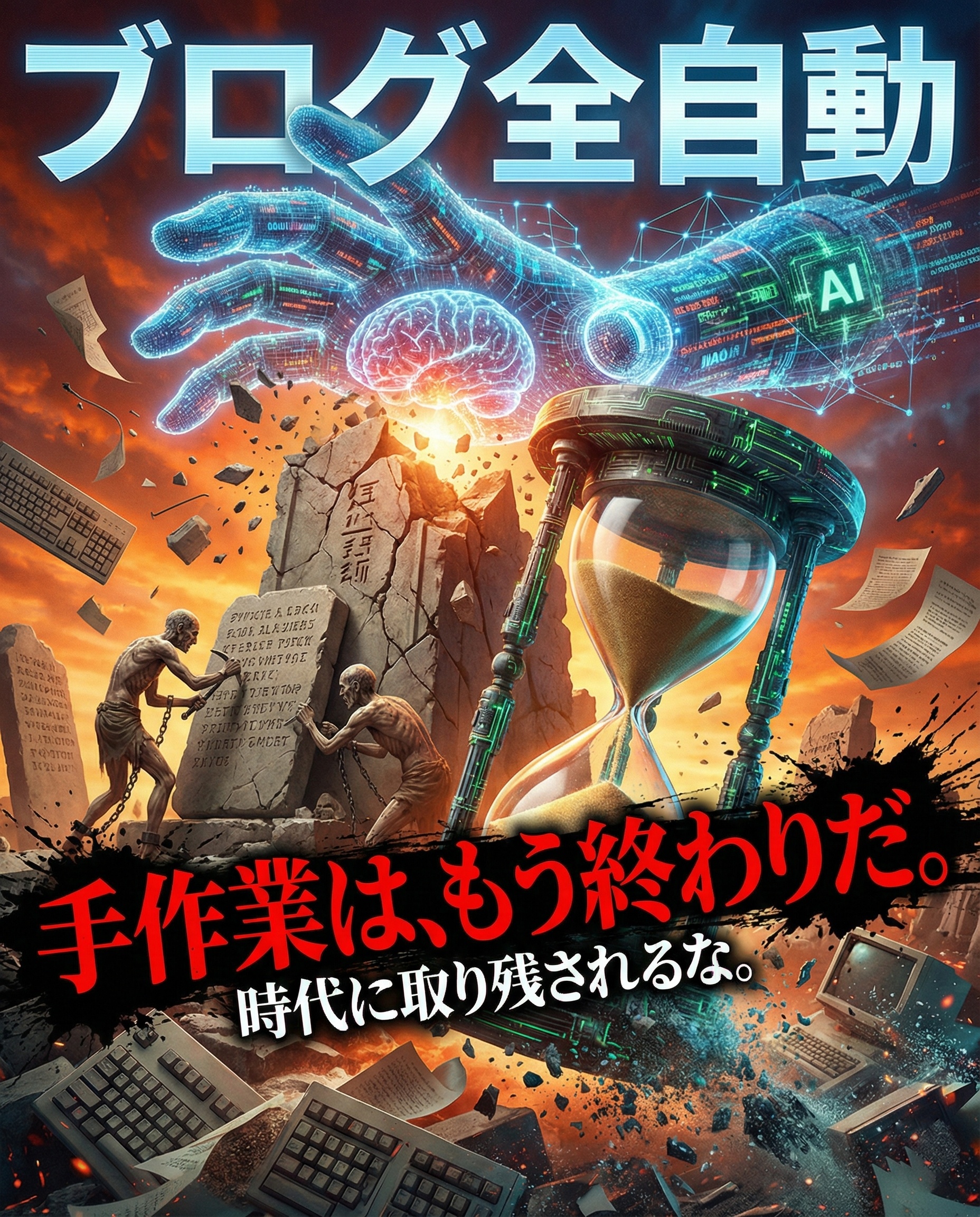 ブログ全自動化ツールのバナー。「手作業は、もう終わりだ。」というキャッチコピー。