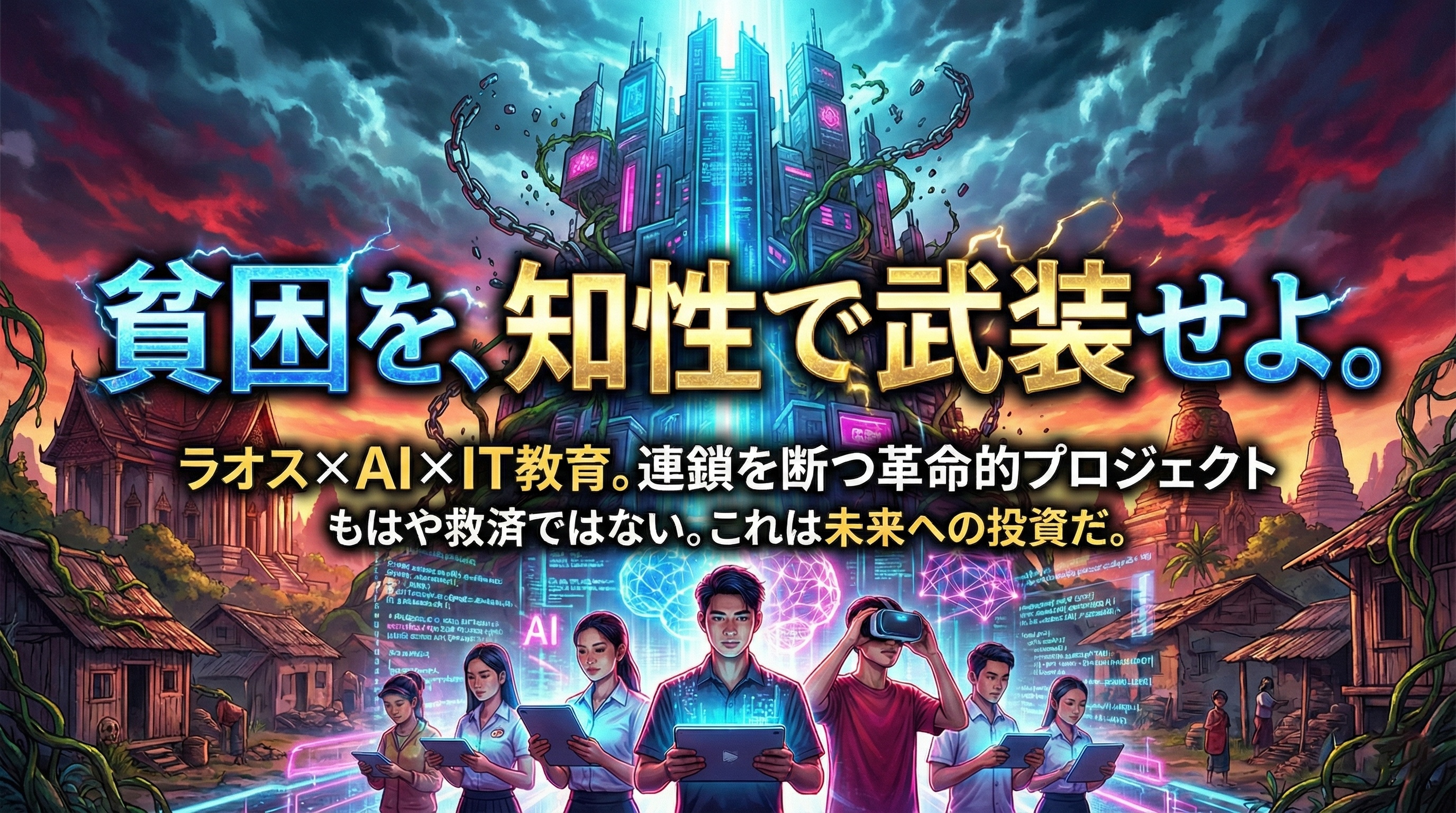 ラオスの伝統的な風景と未来的なサイバー都市が融合した背景に、『貧困を、知性で武装せよ。』というスローガンが大きく表示されている。前景では、タブレットやVRデバイスを操作し、AIやIT技術を学ぶ若いラオス人たちが、ホログラフィックな光に包まれている。ラオスにおけるAI/IT人材育成プロジェクトのビジョンを示すメインビジュアル。