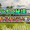 ラオス北部ボーケーオ県の美しい田園風景と高床式住居。緑豊かな水田が広がり、遠景には霧がかった山々が見える。手前には「ラオス秘境旅 忘れられない思い出」の文字。