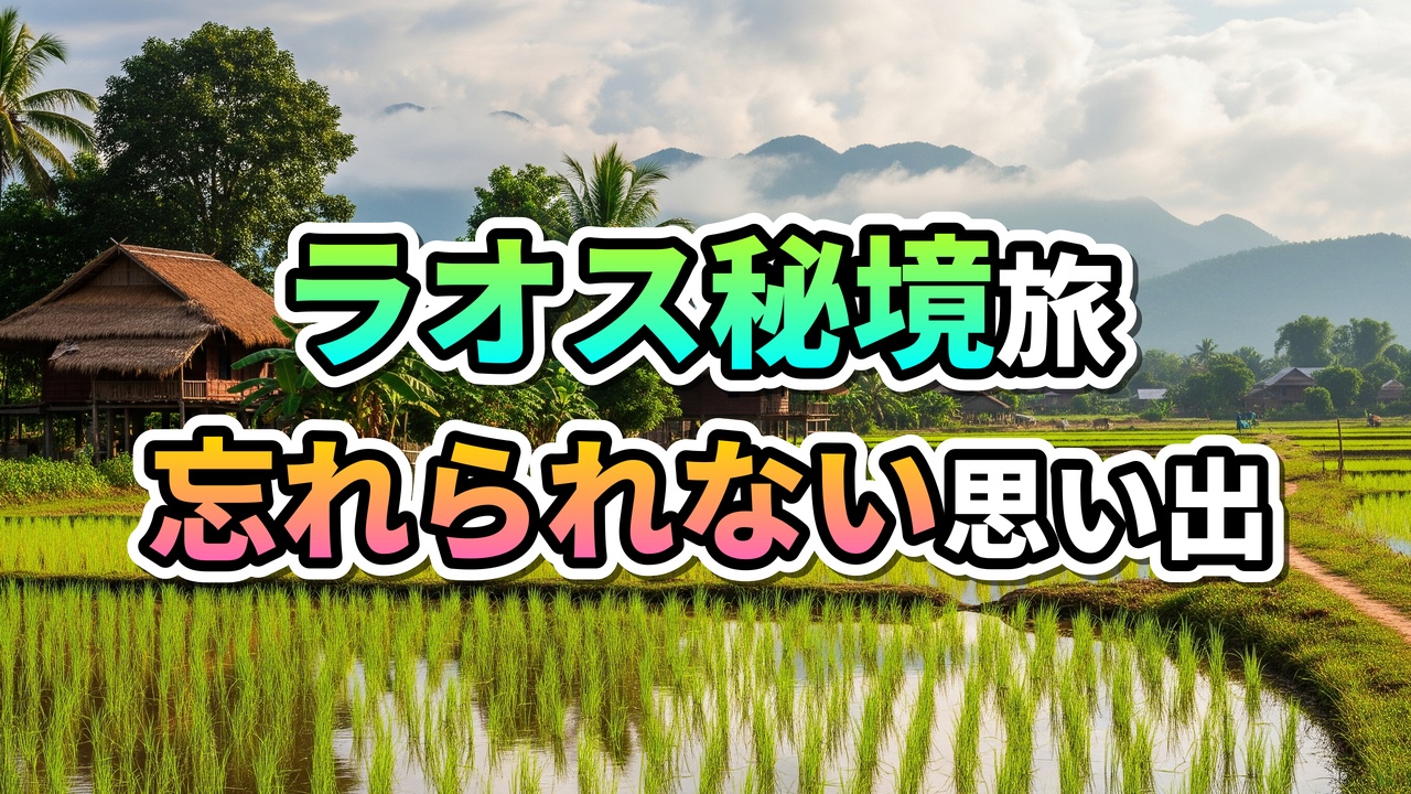 ラオス北部ボーケーオ県の美しい田園風景と高床式住居。緑豊かな水田が広がり、遠景には霧がかった山々が見える。手前には「ラオス秘境旅 忘れられない思い出」の文字。