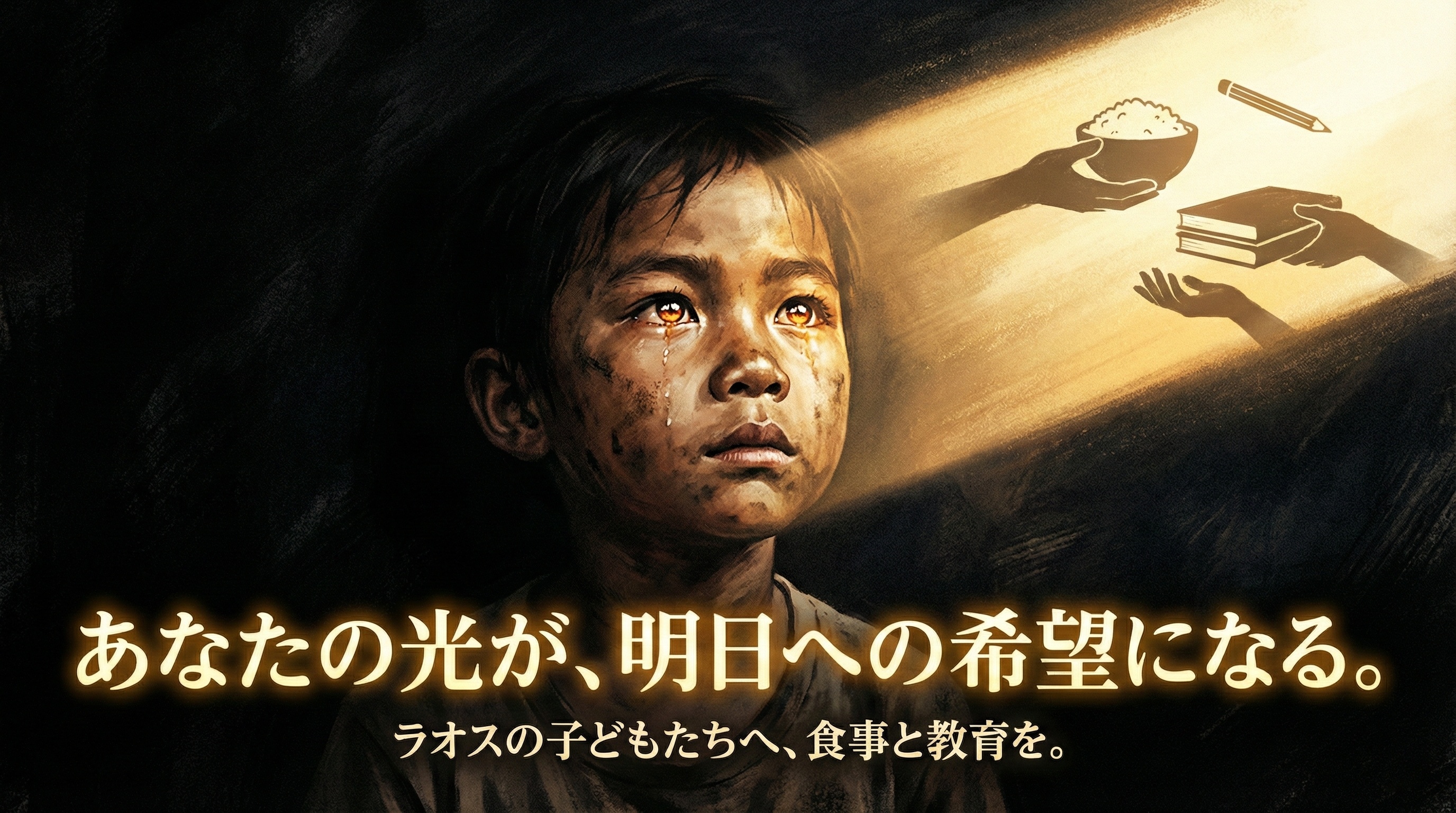 暗闇の中、涙を浮かべたラオスの貧しい少年が光を見上げるイラスト。光の中には、米の入った茶碗、本、鉛筆を差し出す手が描かれ、「あなたの光が、明日への希望になる。ラオスの子どもたちへ、食事と教育を。」という日本語のメッセージが添えられている。