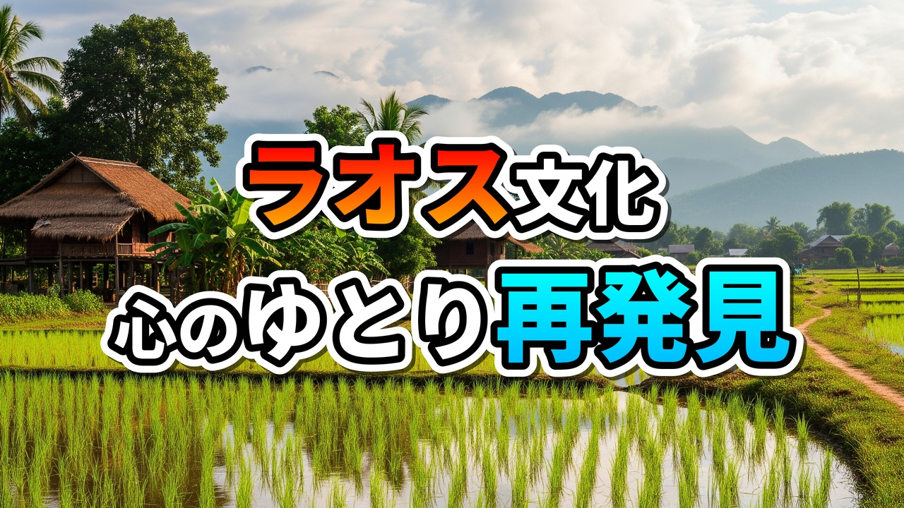 ラオスの水田と高床式家屋が並ぶ村の穏やかな風景。遠景には霞む山々。画像には「ラオス文化 心のゆとり再発見」のテキストオーバーレイ。