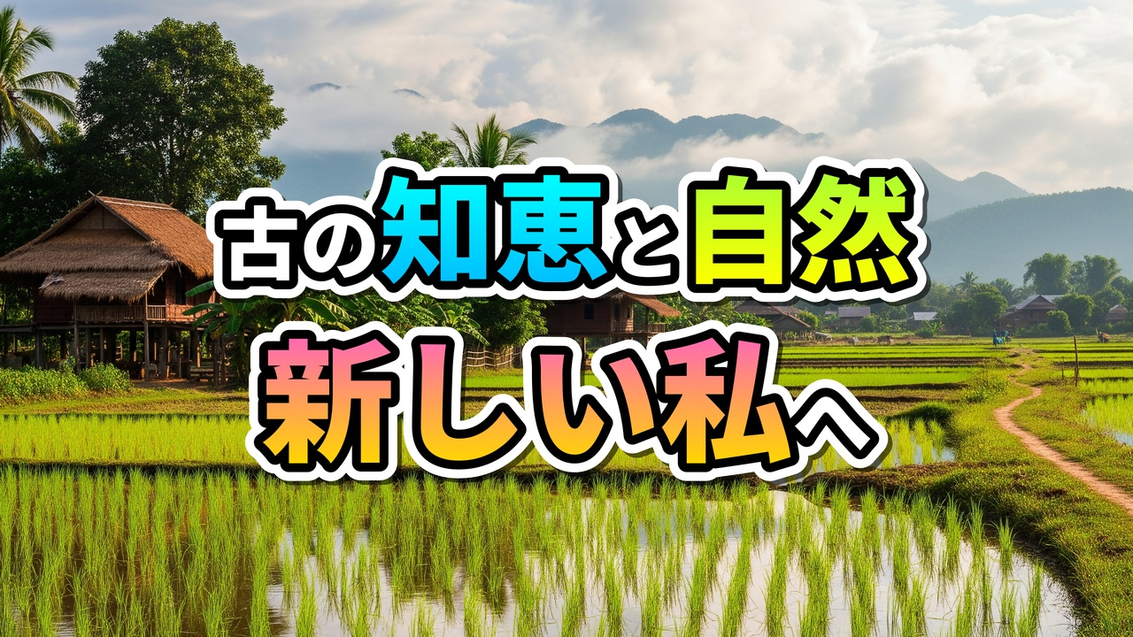 ラオスの水田と伝統的な高床式家屋の風景に「古の知恵と自然、新しい私へ」の文字。遠景には山々が広がる癒しの旅のイメージ。