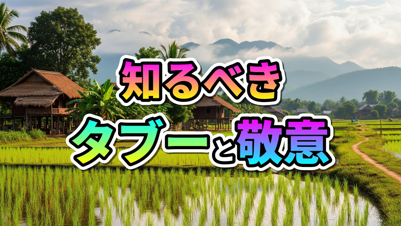 ラオスの水田と伝統的な高床式家屋の風景に、「知るべきタブーと敬意」というカラフルな文字が重なる画像です。ラオス旅行での食事マナーや文化への敬意について解説する記事のアイキャッチ画像。