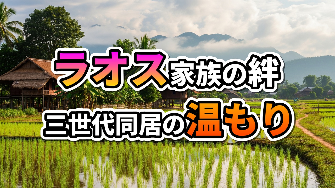 ラオスの水田と伝統的な高床式家屋、遠くに山々が見える農村風景に、「ラオス家族の絆 三世代同居の温もり」と書かれた画像。