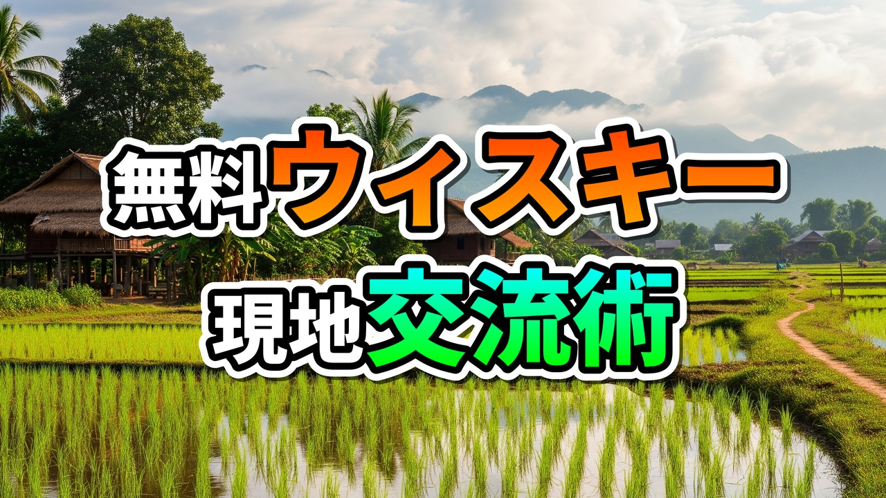 ラオスの水田が広がる田園風景。伝統的な高床式家屋、ヤシの木、遠景の山々。「無料ウイスキー 現地交流術」の文字を強調。