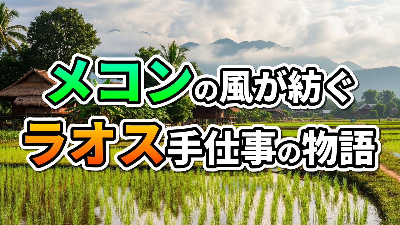 「メコンの風が紡ぐラオス手仕事の物語」の文字が書かれた、ラオスの広大な田園風景。青々とした水田、藁葺き屋根の高床式住居、遠くの山々が霞む景色。