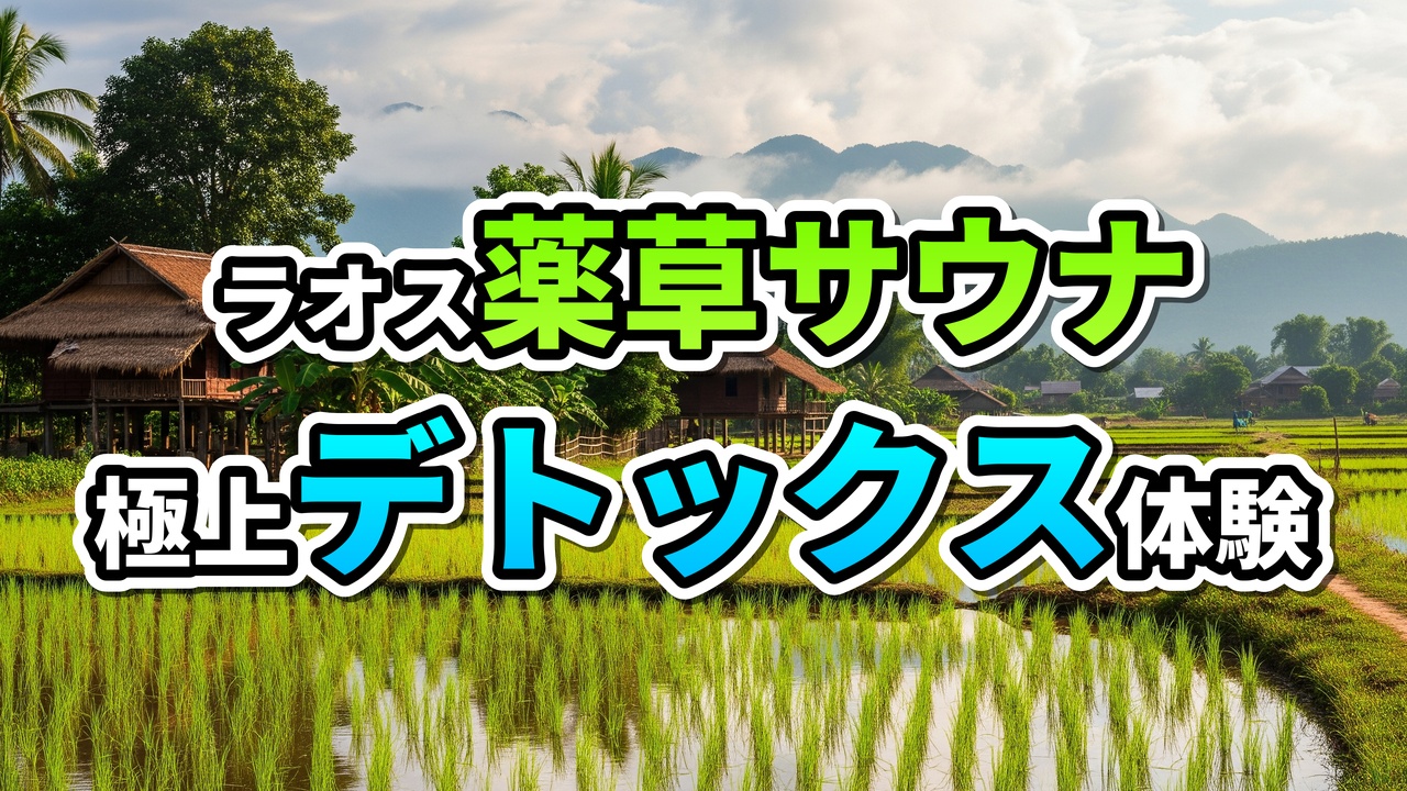 ラオスの豊かな田園風景を背景に、高床式家屋が点在し、緑の稲が広がる中、「ラオス薬草サウナ 極上デトックス体験」と書かれています。