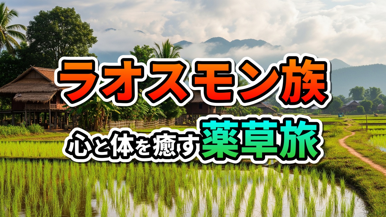 ラオスの棚田が広がるモン族の村で、伝統的な高床式住居と山々を背景に「ラオスモン族 心と体を癒す薬草旅」と書かれた画像
