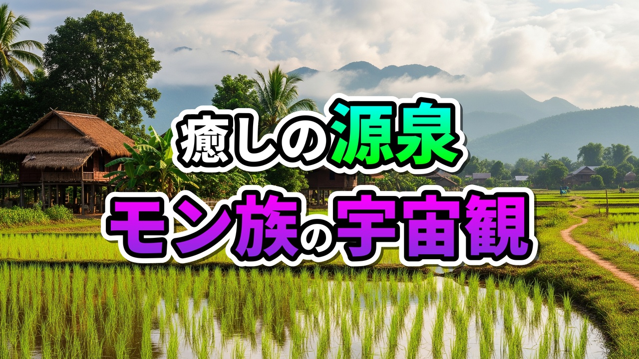 ラオスのモン族の村の風景。緑豊かな棚田、伝統的な高床式住居、遠景の山々。画像には「癒しの源泉 モン族の宇宙観」という文字がオーバーレイされています。