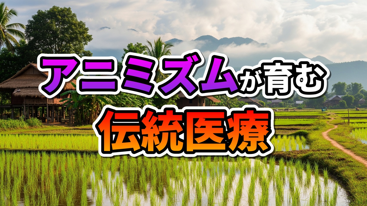 ラオスの水田と伝統的な高床式家屋を背景に、「アニミズムが育む伝統医療」の文字が重ねられた風景写真。モン族のハーブ療法を象徴しています。