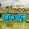 ラオスの広大な水田と高床式家屋が点在するのどかな農村風景。前景には「知っておきたい 現地習慣」の文字が書かれ、ラオスでの文化や人との交流、村訪問の注意点を伝えます。