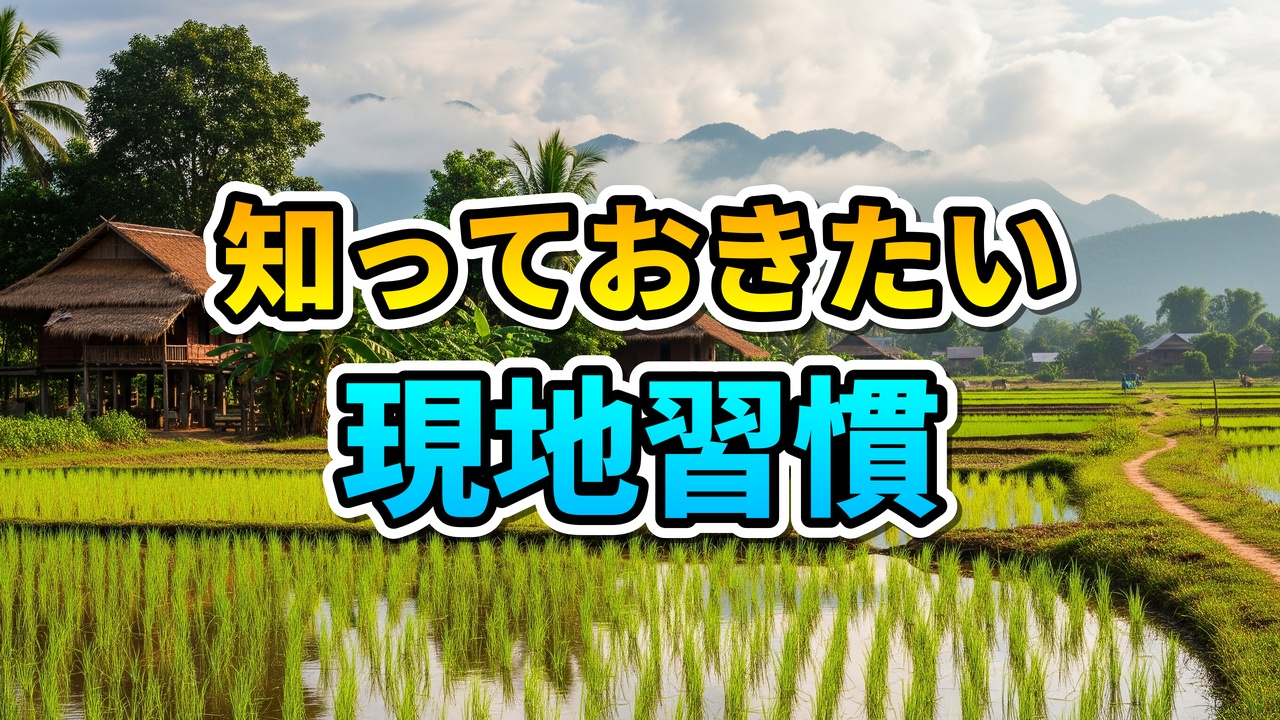 ラオスの広大な水田と高床式家屋が点在するのどかな農村風景。前景には「知っておきたい 現地習慣」の文字が書かれ、ラオスでの文化や人との交流、村訪問の注意点を伝えます。