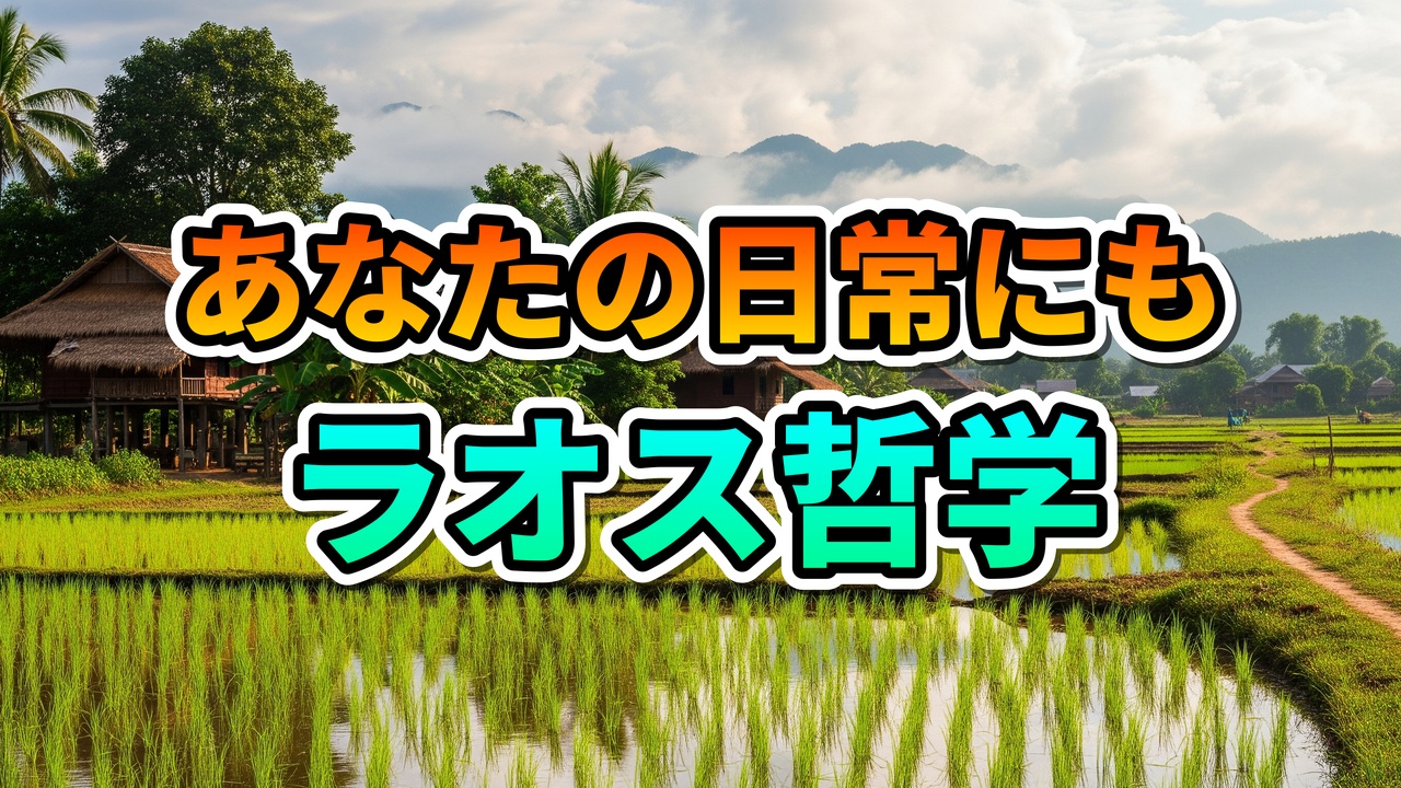 水田と高床式家屋が広がるラオスの田園風景。その上に「あなたの日常にも ラオス哲学」という文字が重ねられています。