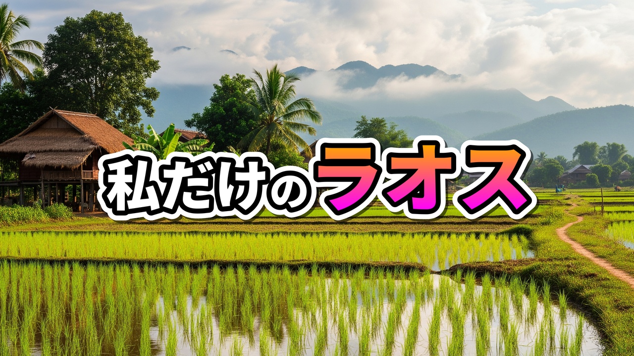 ラオスの水田と伝統的な高床式住居の田園風景。遠くに霞む山々と「私だけのラオス」の文字が心安らぐ旅を想像させます。