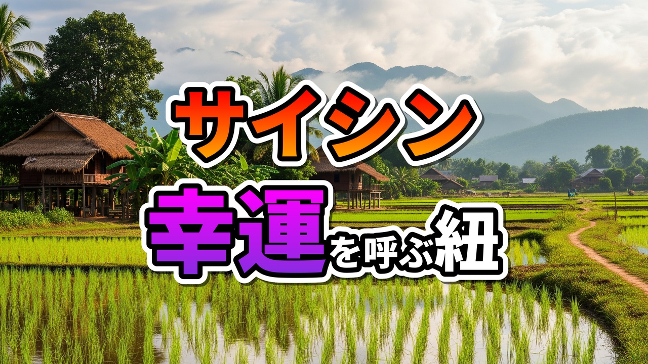 ラオスの棚田と高床式住居が広がる田園風景に、「サイ・シン 幸運を呼ぶ紐」というキャッチフレーズが重なる画像です。