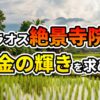 ラオスの水田が広がる田園風景に、伝統的な高床式家屋と遠景の山々が見える。手前に「ラオス絶景寺院 黄金の輝きを求めて」の文字が重ねられている。