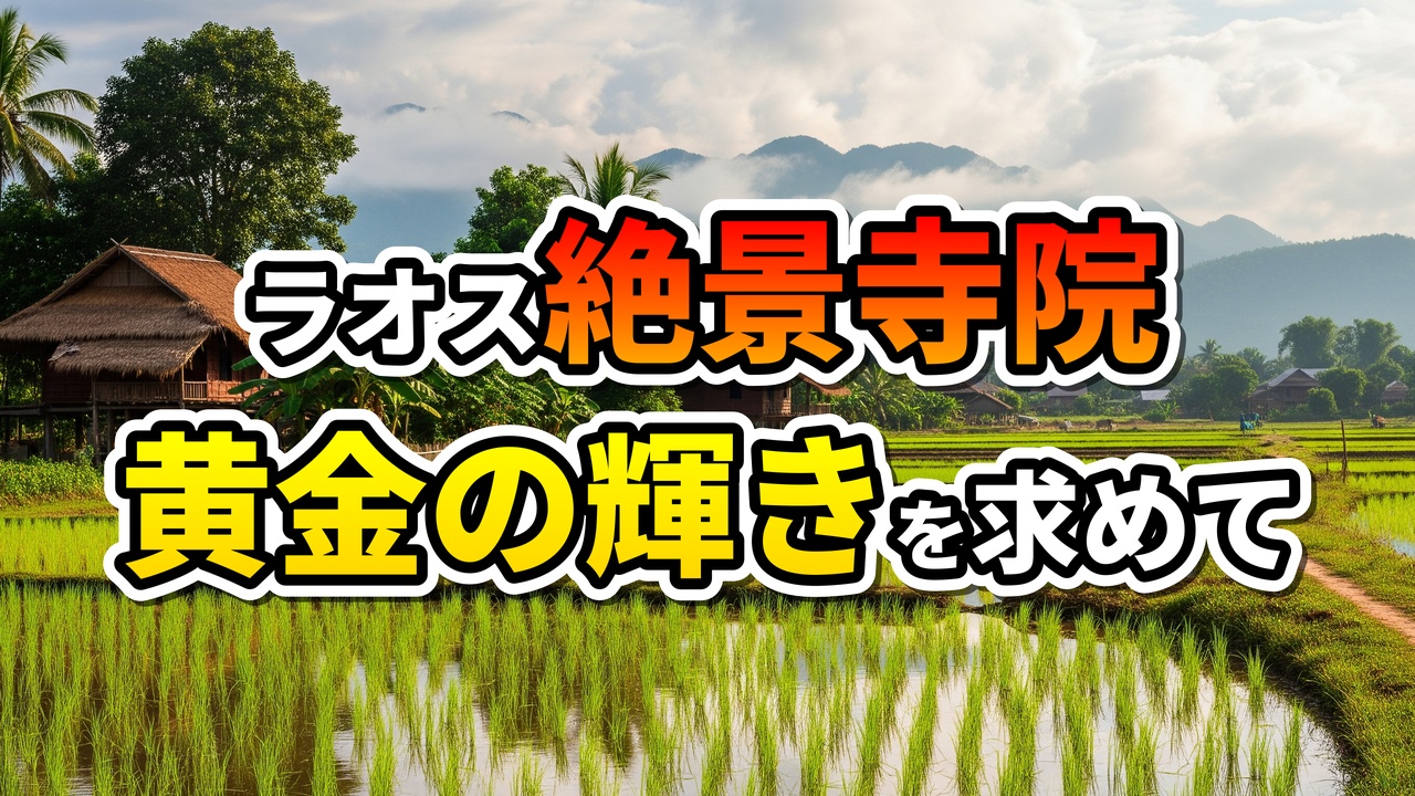 ラオスの水田が広がる田園風景に、伝統的な高床式家屋と遠景の山々が見える。手前に「ラオス絶景寺院 黄金の輝きを求めて」の文字が重ねられている。