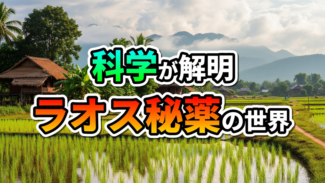 ラオスの豊かな自然風景。緑の水田と伝統的な高床式家屋、遠景に山々が広がる。中央には「科学が解明 ラオス秘薬の世界」と書かれたテキストオーバーレイ。