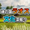 ラオスの田園風景。水田に囲まれた高床式家屋が立ち並び、遠景には山々が霞む。中央には「魂の国ラオス 文化深掘り」と書かれた文字。