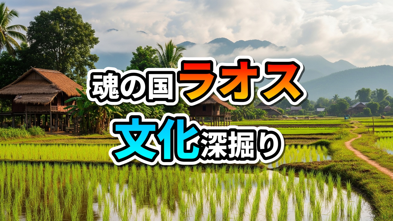 ラオスの田園風景。水田に囲まれた高床式家屋が立ち並び、遠景には山々が霞む。中央には「魂の国ラオス 文化深掘り」と書かれた文字。