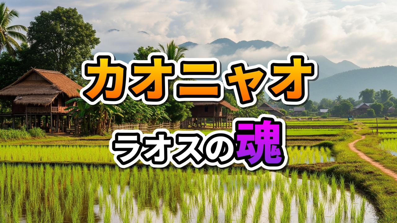 ラオスの農村風景。緑豊かな水田と高床式の伝統的な家屋が広がり、遠景には山々が見える。中央には「カオニャオ ラオスの魂」という文字が重ねられている。