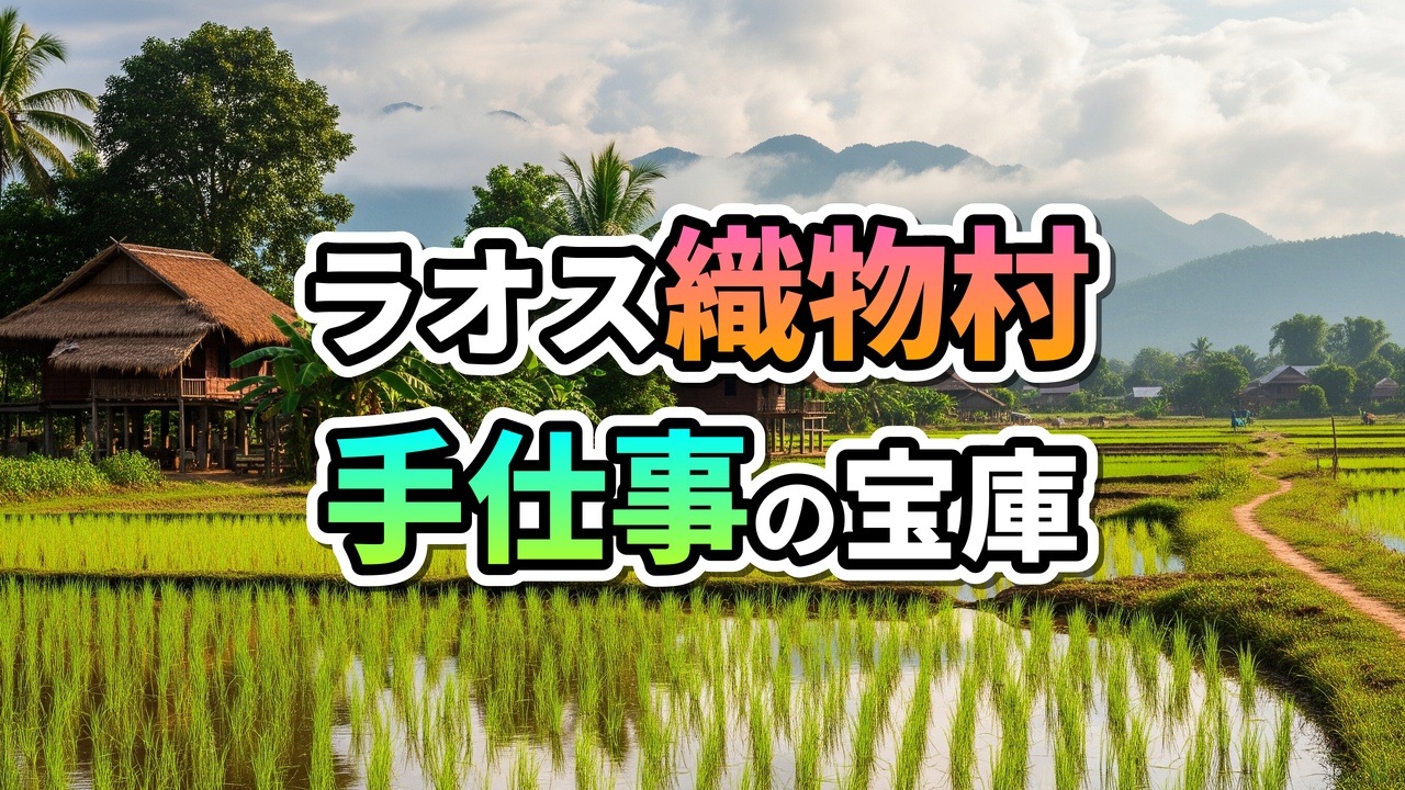 ラオスの織物村ムアン・ヴァエンの美しい田園風景。鮮やかな緑の稲が広がる水田の奥に、茅葺き屋根の伝統的な高床式住居が並び、山々には雲がかかるのどかな風景。手仕事の文化が息づく村の日常。