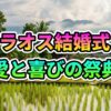 ラオスの水田と高床式住居が広がるのどかな田園風景に、虹色の文字で「ラオス結婚式 愛と喜びの祭典」と書かれたメインビジュアル。