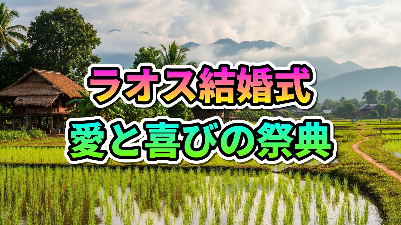 ラオスの水田と高床式住居が広がるのどかな田園風景に、虹色の文字で「ラオス結婚式 愛と喜びの祭典」と書かれたメインビジュアル。