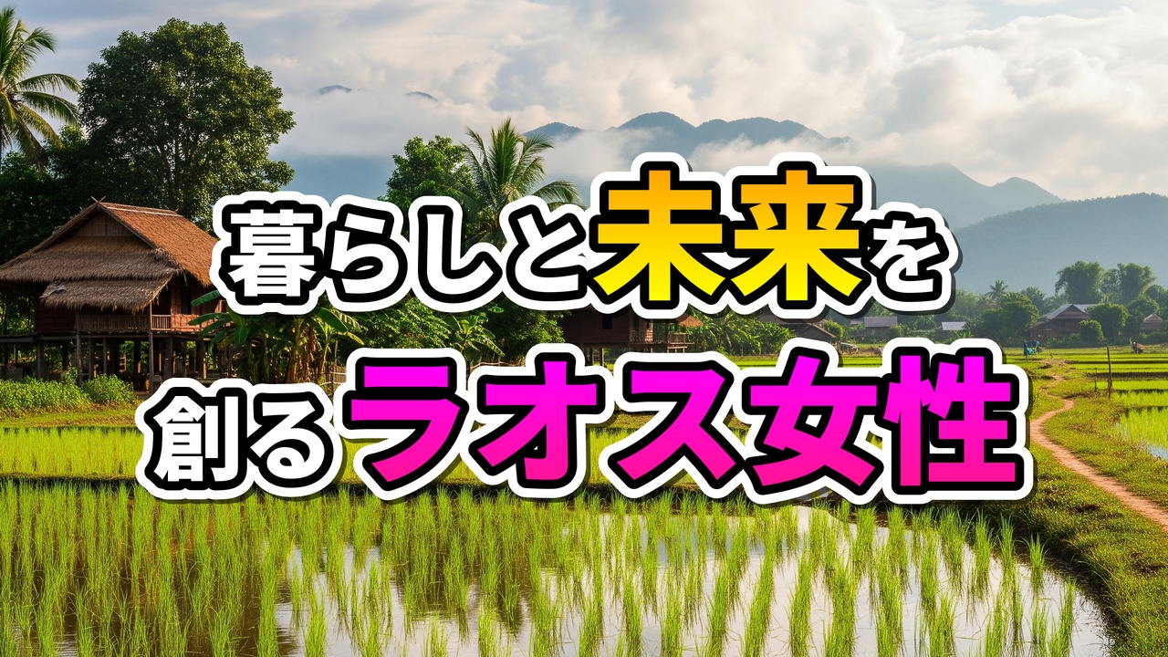 緑豊かな棚田と高床式の伝統家屋が並ぶラオスの農村風景。遠景には山々が広がり、「暮らしと未来を創るラオス女性」の文字が重ねられています。
