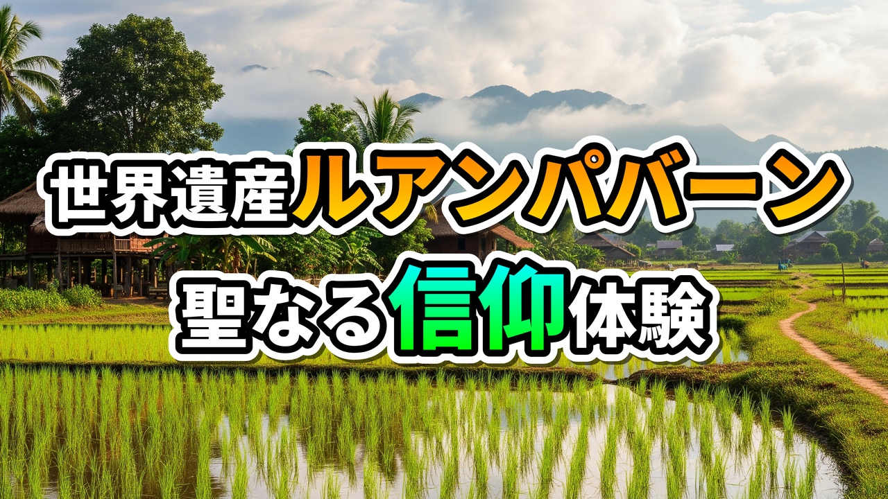 ラオス、世界遺産ルアンパバーンの緑豊かな棚田と伝統家屋の風景。「世界遺産ルアンパバーン 聖なる信仰体験」の文字入り。