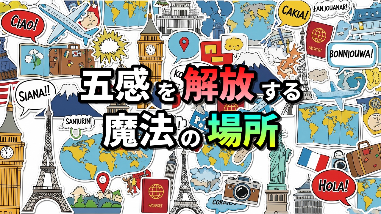 モロッコの古都マラケシュ、ジャマ・エル・フナ広場をイメージしたカラフルなイラスト。世界各地のランドマーク、地図、航空機、パスポート、カメラ、スーツケースなどが散りばめられ、「五感を解放する魔法の場所」という日本語のタイトルが中央に大きく配置されています。