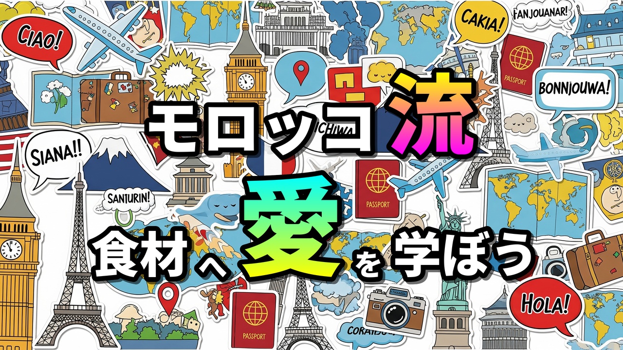 モロッコ流「食材への愛を学ぼう」と書かれたカラフルなイラスト。世界中のランドマークや地図、旅行グッズが背景に散りばめられている。