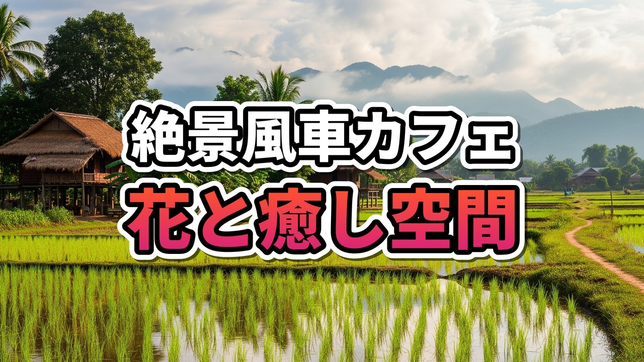 ヴィエンチャン郊外の23 Farm Cafeにある風車と満開のジニアの花畑