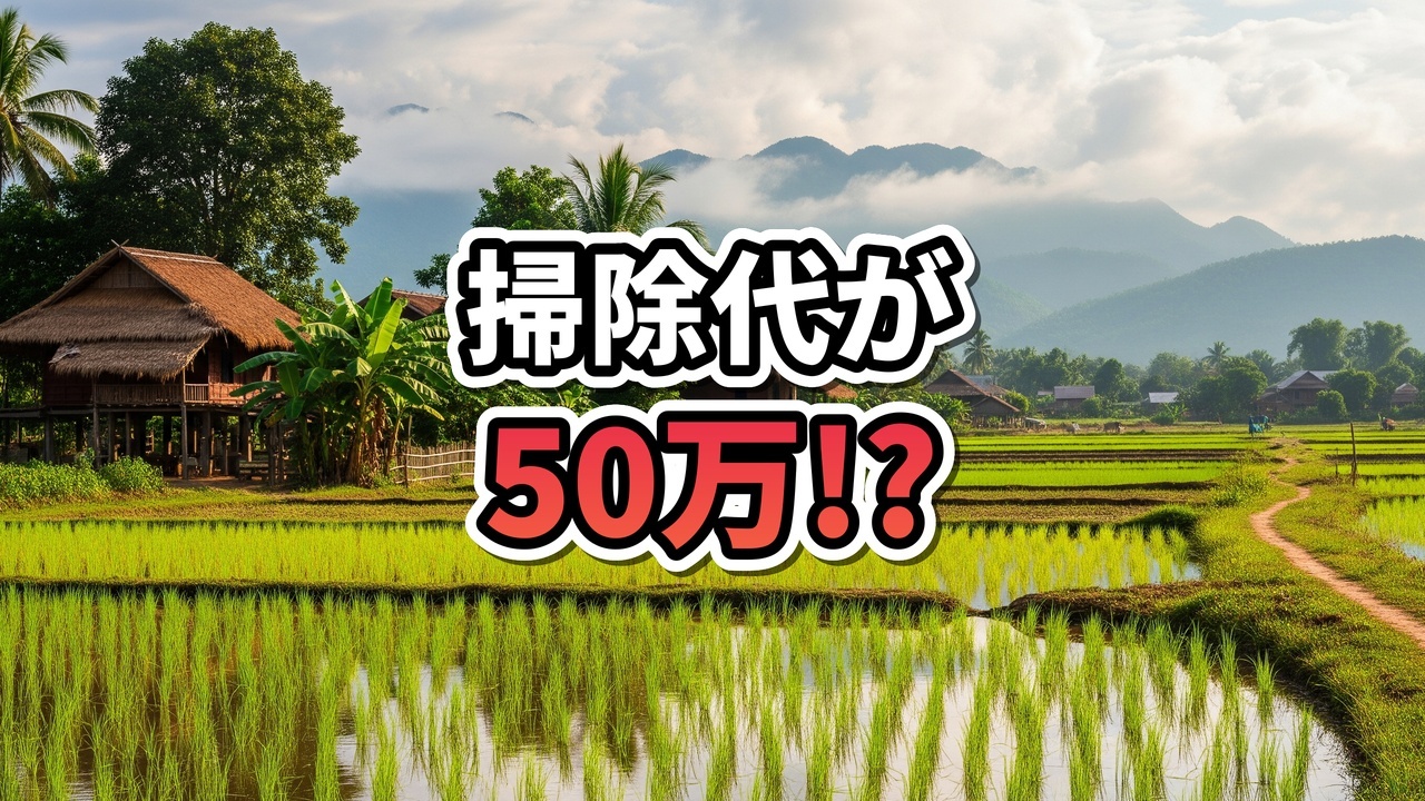 ラオスの自宅の庭で赤い車のシートを掃除機で洗う夫と、取れた泥水の黒さに驚く妻