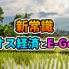 ラオスの田園風景と高床式住居を背景に、「新常識 ラオス経済とE-GetS」というタイトルが重なる画像。水田と山々が広がる。