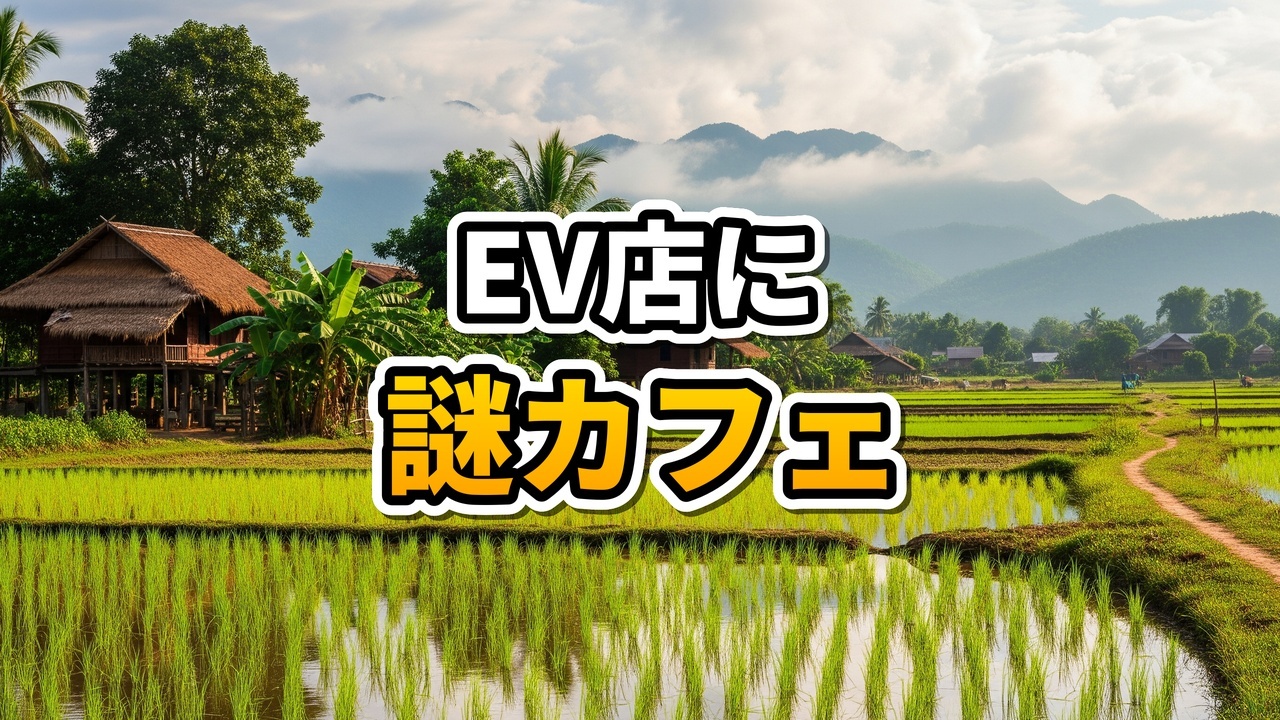 ラオスのEVショールーム内にあるモダンなカフェカウンターで微笑むエプロン姿の男性バリスタ