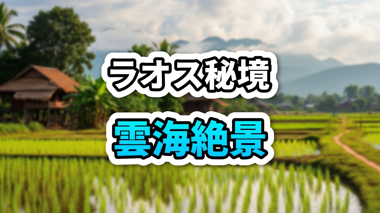 ラオス・カシーの早朝、霧に包まれた石灰岩の山々と緑豊かな棚田にある木造ロッジの風景